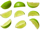 Collection of juicy green lime slices from different angles. Citrus fruit cutouts for food design, set of fresh lime wedges on isolated background