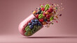 © Wararat - Large nutrient pill split open with colorful food ingredients like berries, leafy greens, beans and almonds spilling out, health and wellness concept with soft lighting