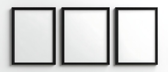 arrangement of modern blank picture frames with thin edges on gallery wall isolated on white backgro