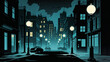 © Raihan - Comic book city background at night, foggy dark alley with street lamps, silhouette buildings, long shadows, detective noir atmosphere, retro halftone style, cartoon pop-art mood.