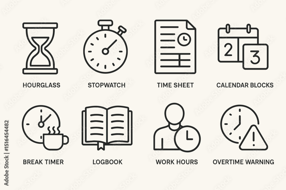 Time Book Issue Icon Time management icons: hourglass, stopwatch, timesheet, calendar, break ...