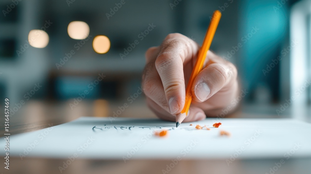 A Close up Of A Hand Skillfully Writing With A Yellow Pencil On Blank 