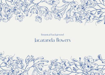 Vintage Toile Floral background with borders Jacaranda flowers for design greeting card, wedding decor, invitation, poster Vector illustration. Engraved  flowers blue on beige. Hand drawn
