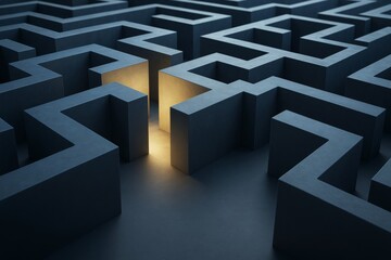 abstract dark maze with glowing light path highlighting concept of solution and direction on minimal
