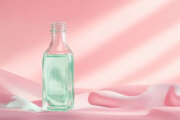 Poster - Mint green glass bottle on pink fabric backdrop.