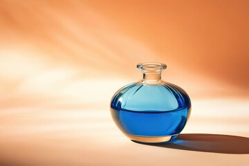 Poster - A glass bottle filled with a vibrant blue liquid, positioned on a peach background.