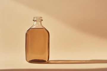 Poster - Glass bottle filled with amber liquid on a light beige surface.