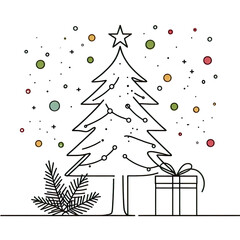 Wall Mural - One line drawing of a Christmas tree with a star on top. Festive pine plant and gift box, color spots. Minimalist hand-drawn sketch, isolated PNG