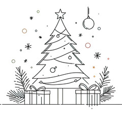 Wall Mural - One line drawing of a Christmas tree with a star on top. Festive pine plant and gift box, color spots. Minimalist hand-drawn sketch, isolated PNG