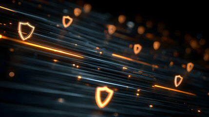 Cybersecurity network with digital shields representing secure data transmission and protection online