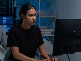 young hispanic female software developer working on computer for coding software program in office. 