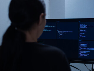 back view shot of latin female programmer and software developer working on desktop computer writing