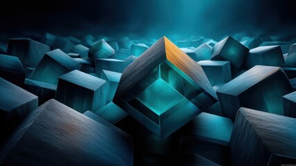 Wall Mural - abstract blue and teal 3d geometric shapes with light reflections