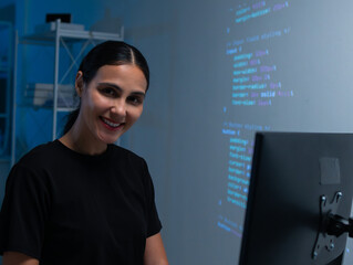 portrait of latin female software developer working on computer for coding software program in offic