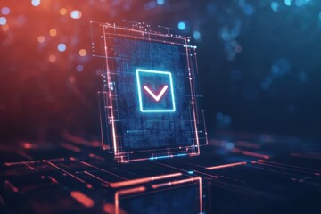 digital checkmark neon glowing technology abstract futuristic interface data red code blue cyber