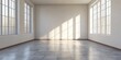 © sarinrat - Bright, empty room with large windows and sunlight streaming in. Minimalist interior design.