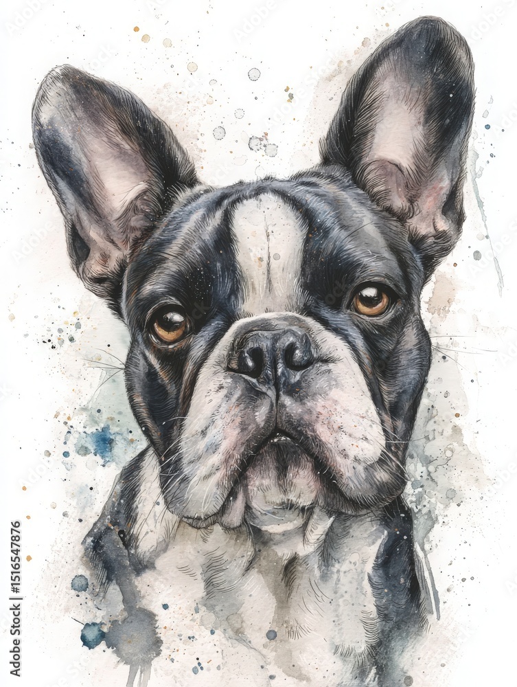 A vibrant watercolor painting showcases a French Bulldog with prominent ears and striking facial features.