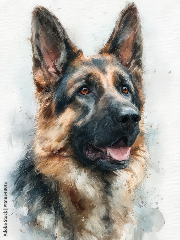 This artwork showcases a German shepherd dog, featuring its alert expression and rich fur colors. The dog seems to be posing gracefully, highlighting its noble character.