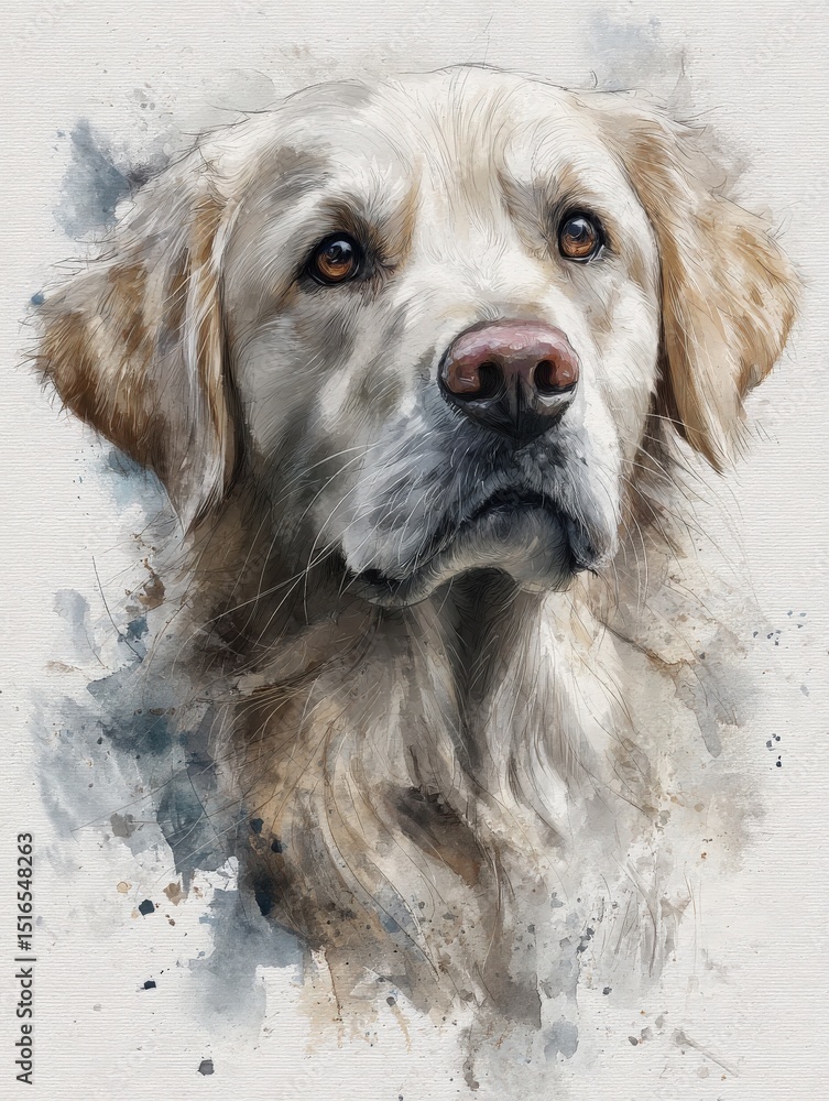 A golden retriever is captured in a detailed, artistic style. The dogs expressive eyes and gentle demeanor are highlighted against a textured, watercolor background, creating a warm ambiance.