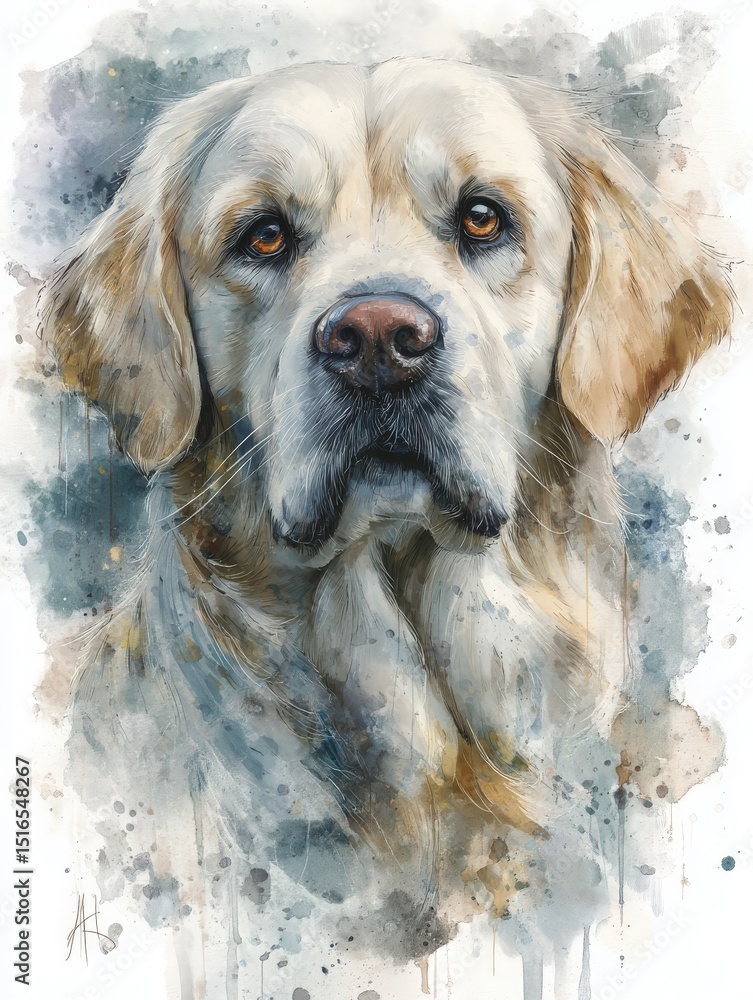 A stunning portrait of a golden retriever with expressive eyes and detailed fur, presented in soft watercolor tones. The artwork captures the dogs gentle personality and charm beautifully.