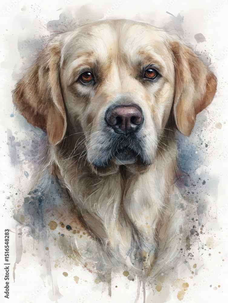 A beautiful golden retriever portrait captures the elegance and warmth of the breed. The soft watercolor effect highlights the dogs expressive eyes and gentle features.