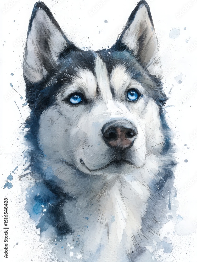 A detailed portrayal of a husky showcasing its striking blue eyes and expressive features. The watercolor technique enhances the vibrant colors and realistic fur texture.
