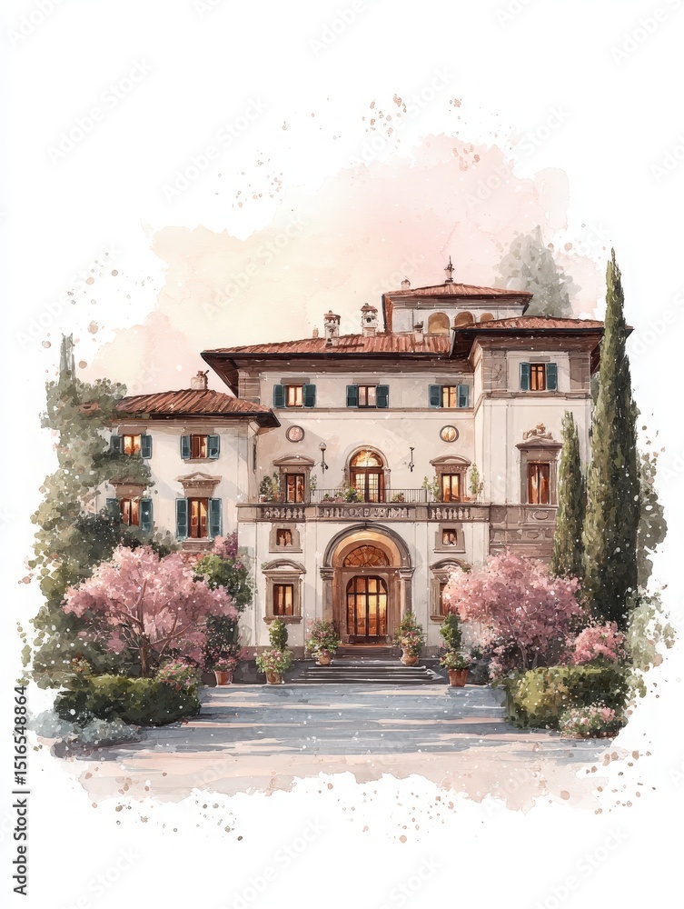 A lovely villa stands gracefully surrounded by blooming cherry blossom trees. The architecture features classic elements, with large windows and intricate details, set against a serene backdrop.