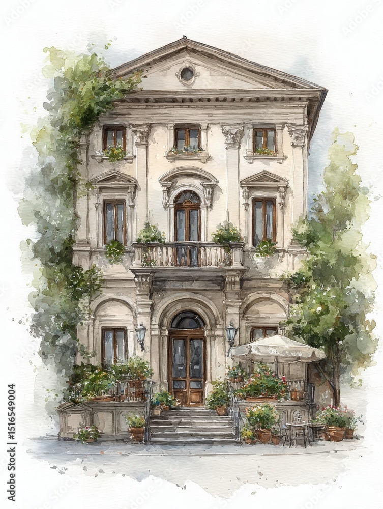 This charming villa features classic architecture with intricate details, lush plants, and inviting outdoor seating. Perfectly situated, it radiates a serene atmosphere amidst nature.