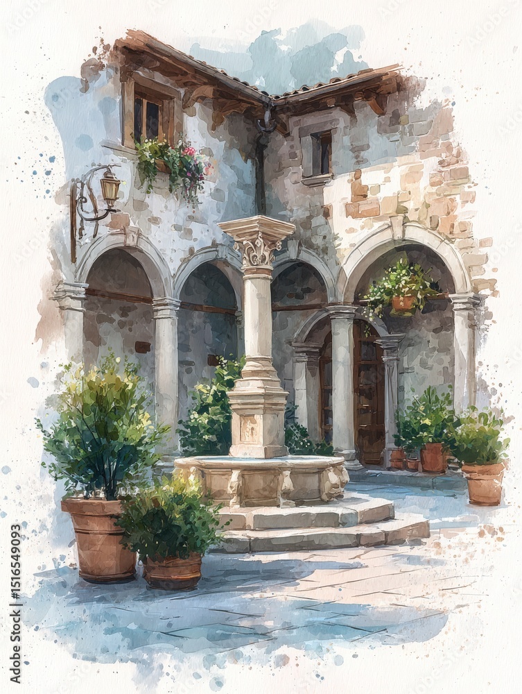 Historic courtyard featuring a stone fountain as a centerpiece, surrounded by lush potted plants and elegant arches. The atmosphere is tranquil and inviting in this picturesque setting.