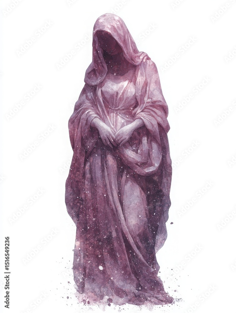 A figure draped in soft, flowing garments stands quietly, exuding an air of mystery. The subtle colors and soft textures create a calm and enchanting ambiance.