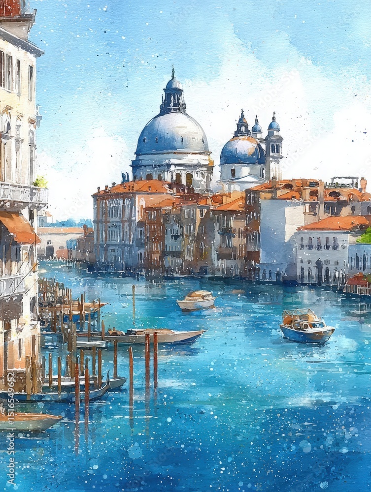 Lush Venetian canals are bustling with boats, reflecting stunning historic buildings under a clear blue sky. The scene captures the charm of Venice during a bright, sunny day.