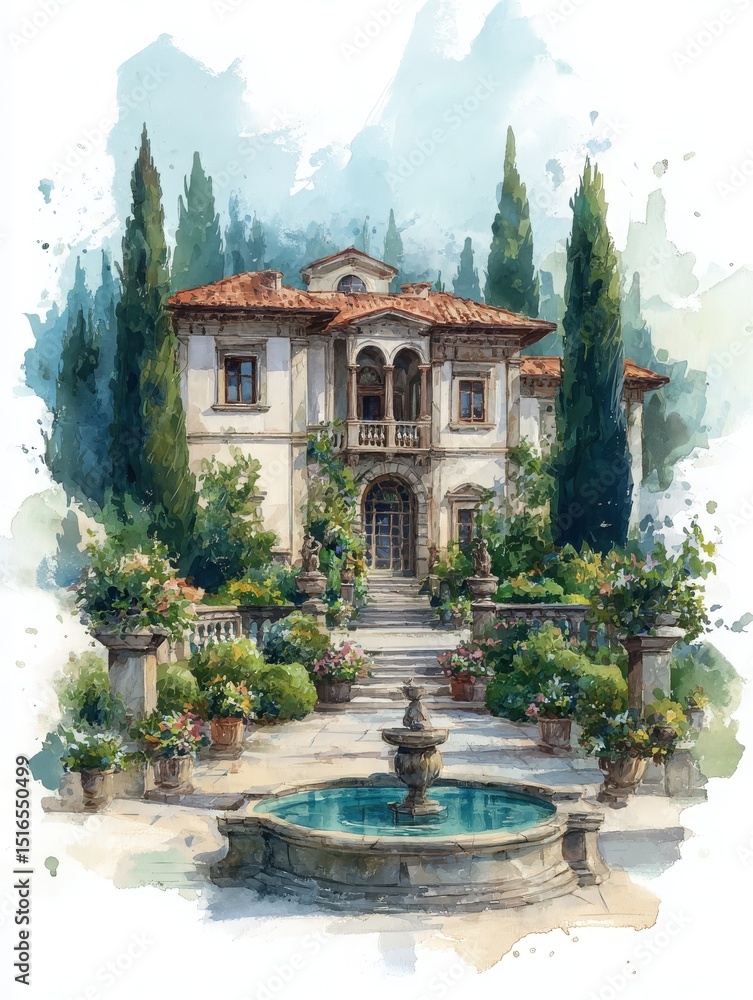 A stunning villa stands majestically with detailed architecture, surrounded by manicured gardens, vibrant flowers, and cypress trees. A tranquil fountain adds to the peaceful ambiance of the scene.