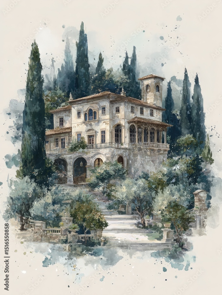Elegant villa surrounded by tall cypress trees and olive groves, framed by a soft, artistic watercolor effect. The architecture showcases intricate details, embodying classic beauty and tranquility.