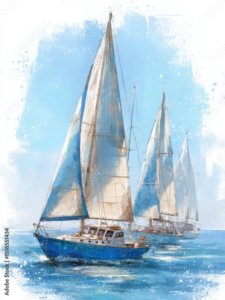Three sailboats navigate gracefully on tranquil waters, their white sails catching the gentle breeze beneath a vibrant blue sky. The scene evokes a sense of freedom and adventure.