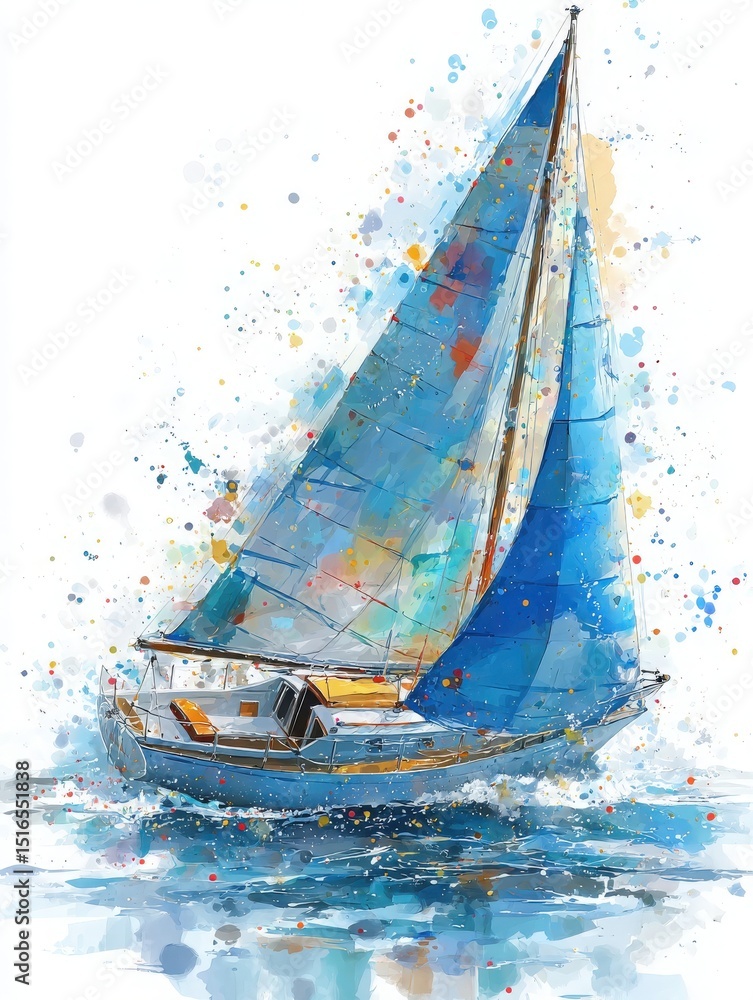 A sailboat with a bright blue sail moves gracefully through shimmering waters. Colorful splashes of paint surround it, capturing the essence of a breezy day on the sea during sunset.