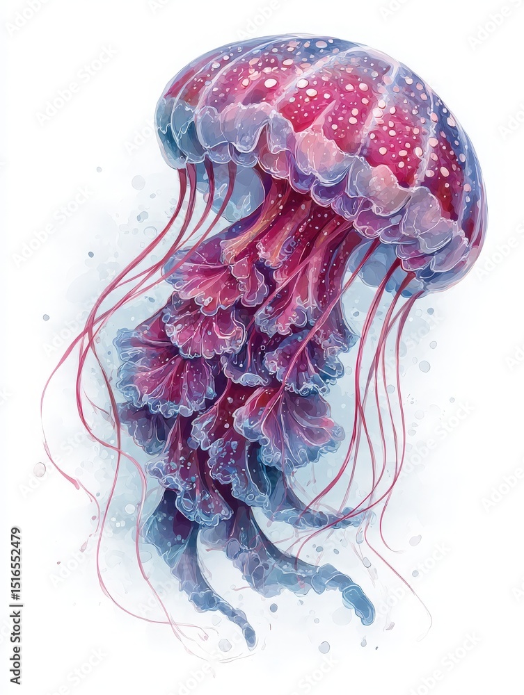 This artwork showcases a vibrant jellyfish with pink and purple hues gliding through a calm underwater setting. Delicate tentacles trail gracefully, creating a mesmerizing visual.