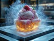 © x - Premium ice cream with strawberry vanilla sauce in ice sculpture bowl on steel table, cinematic lighting and smoke creating luxury atmosphere, ideal for gourmet advertising, luxury packaging