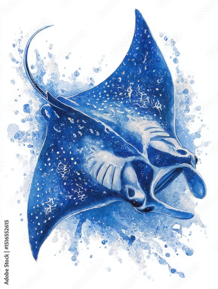 Two manta rays swim gracefully in the ocean, their wide wings creating ripples in the water. The scene is painted in shades of blue, emphasizing the beauty of underwater life.