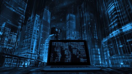 Digital cityscape with laptop screen displaying code.