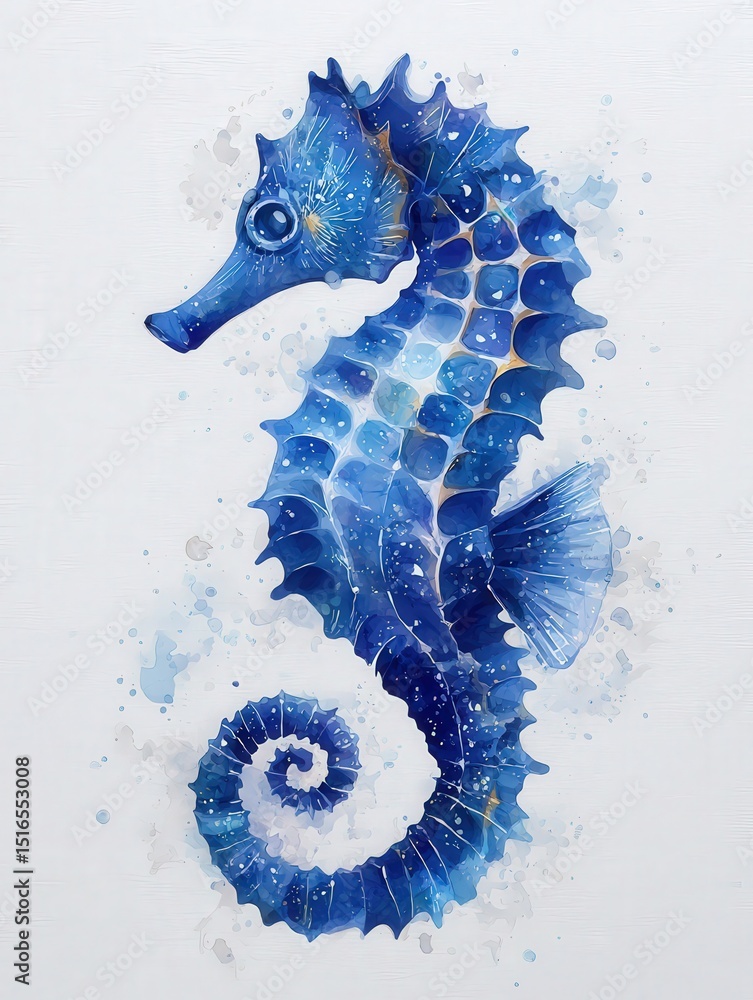 This artwork showcases a vibrant blue seahorse set against a light background. The detailed design features soft brushstrokes and splashes of color, evoking a sense of underwater serenity.