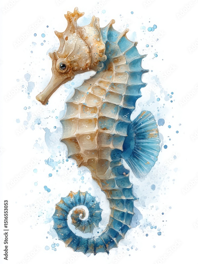 This artwork showcases a detailed seahorse, featuring shades of blue and beige. The illustration captures intricate patterns on the seahorses body with a splash of soft colors in the background.