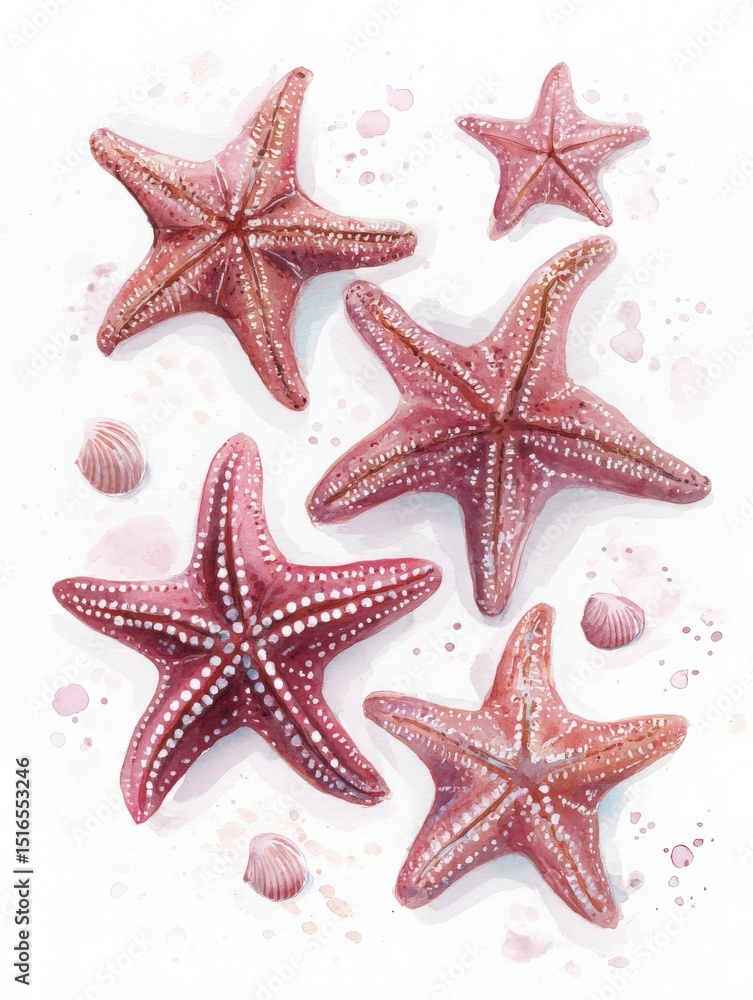 Five starfish of varying sizes are arranged artistically on a soft background. Surrounding them, small seashells add a coastal touch, enhancing the marine theme and colors.