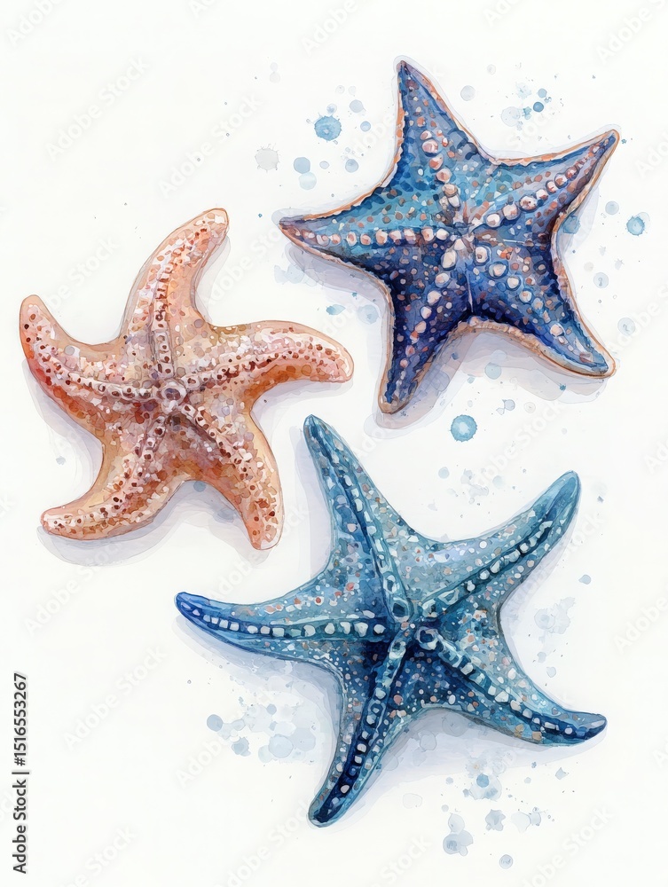 Three starfish in various colors are arranged on a light background. The top one is earthy tones, while the bottom two feature vibrant blue hues, highlighting their natural textures and patterns.