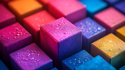 Abstract arrangement of colorful cubes with water droplets creates vibrant visual appeal