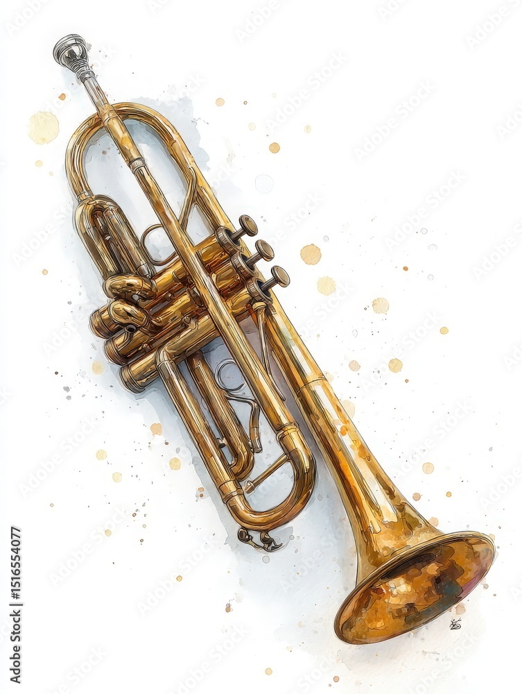 A detailed illustration of a brass trumpet lies diagonally on a textured surface, adorned with artistic splashes of color, capturing the instruments elegant curves and shine.