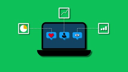 Social media analytics software. Social media KPI, Counting social media likes, love, shares and views. Monitoring content performance on internet - 2d animation video clip. infographics.