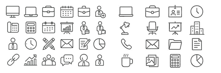 Leinwandbilder - Variety of business icons representing office tools, activities, and communication methods in an organized layout