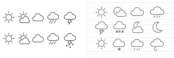 Aufkleber - Weather symbols depicting sunny, cloudy, rainy, and stormy conditions arranged on lined paper