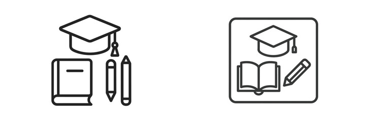 Leinwandbilder - Elements of education with graduation cap, book, and writing tools on a minimalist background