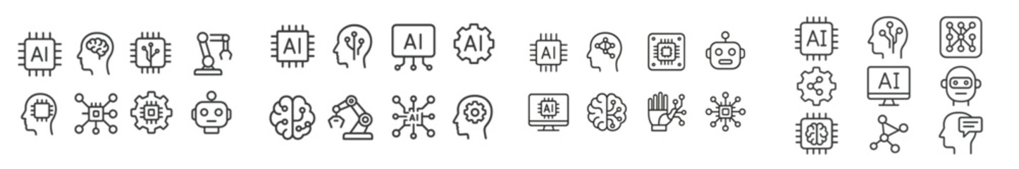 Aufkleber - Collection of line art icons representing artificial intelligence concepts and technologies displayed on a white background